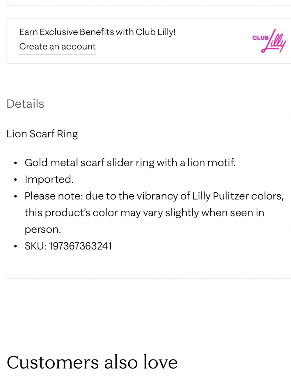 Lilly Pulitzer Gold Tone Lydia the Lion Matching Scarf Ring New in Package